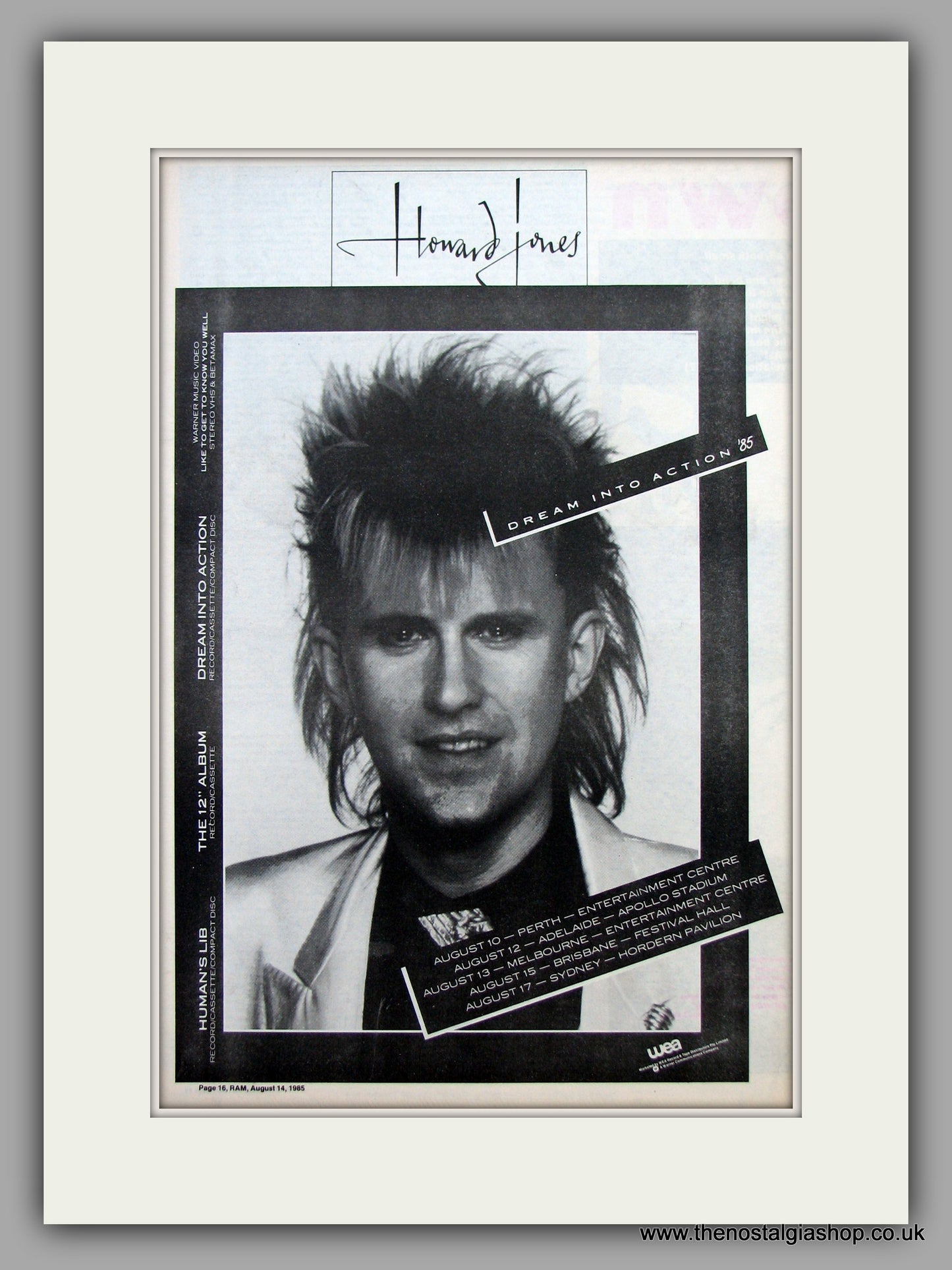 Howard Jones. Dream Into Action. UK Tour.  Original Vintage Advert 1985 (ref AD10408)