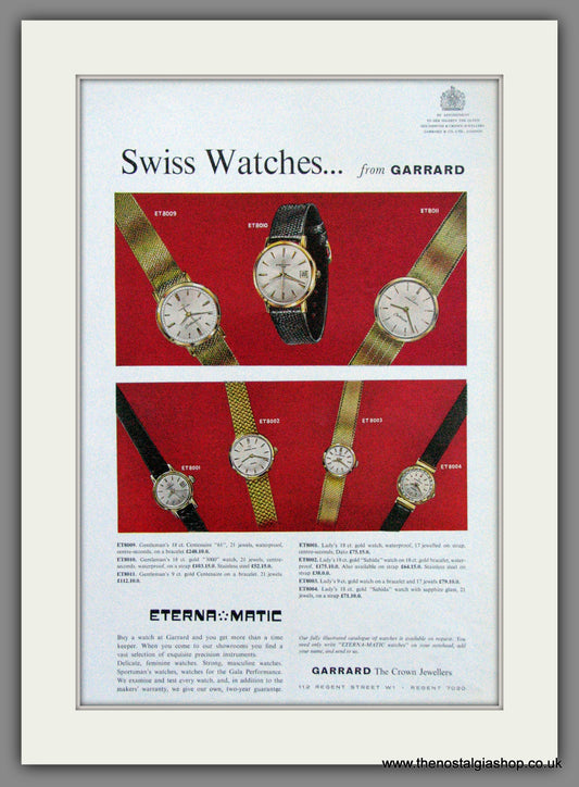 Eterna Matic. Swiss Watches. From Garrard.  Original Advert 1964 (ref AD300147)