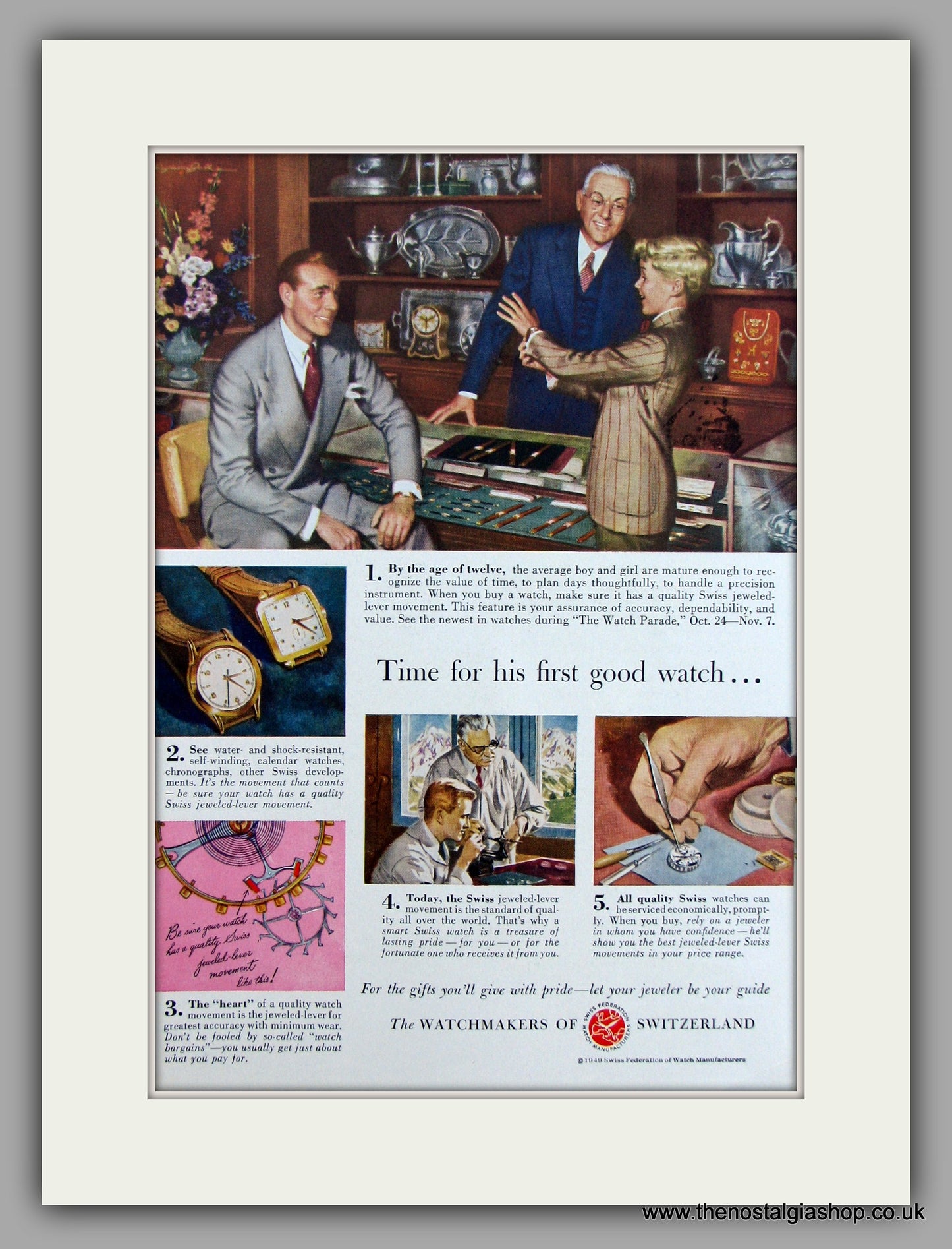 Watchmakers Of Switzerland. 1949 Original Vintage Advert  (ref AD7909)