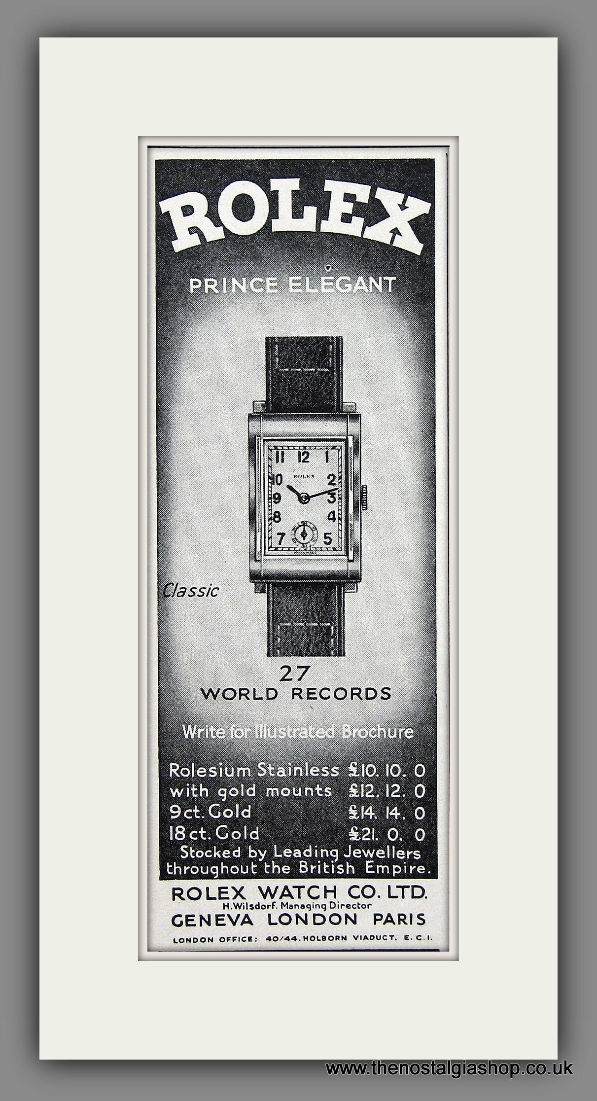 Rolex Prince Elegant Watch. Rare Original Advert 1935 (ref AD55337)