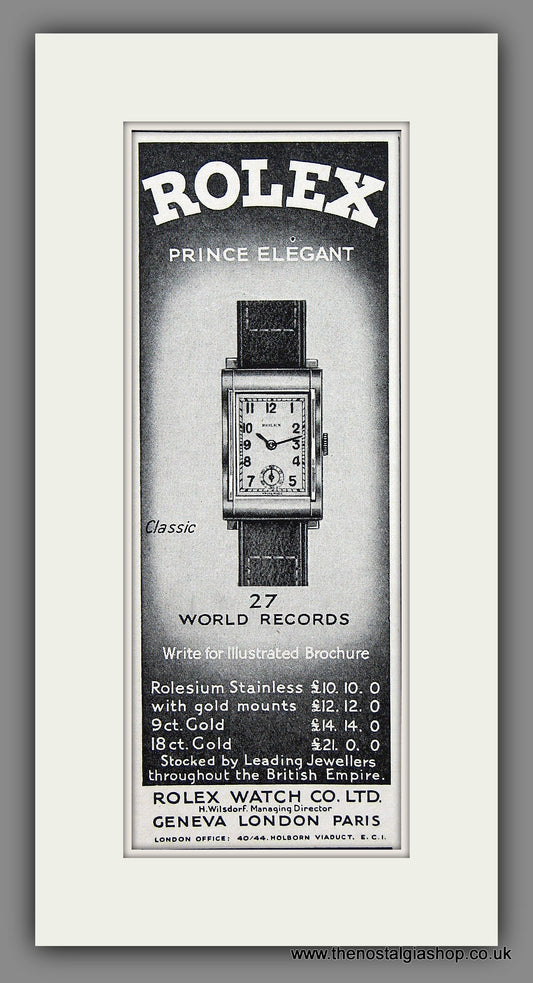 Rolex Prince Elegant Watch. Rare Original Advert 1935 (ref AD55337)