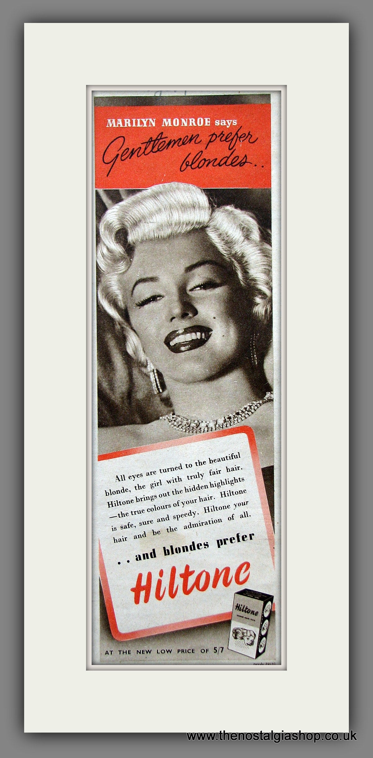 Hiltone Hair Colouring. Featuring Marilyn Monroe. Original Advert 1953 (ref AD55443)