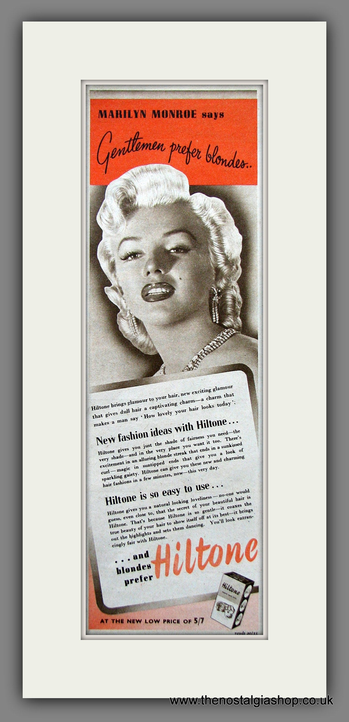 Hiltone Hair Colouring. Featuring Marilyn Monroe. Original Advert 1953 (ref AD55445)