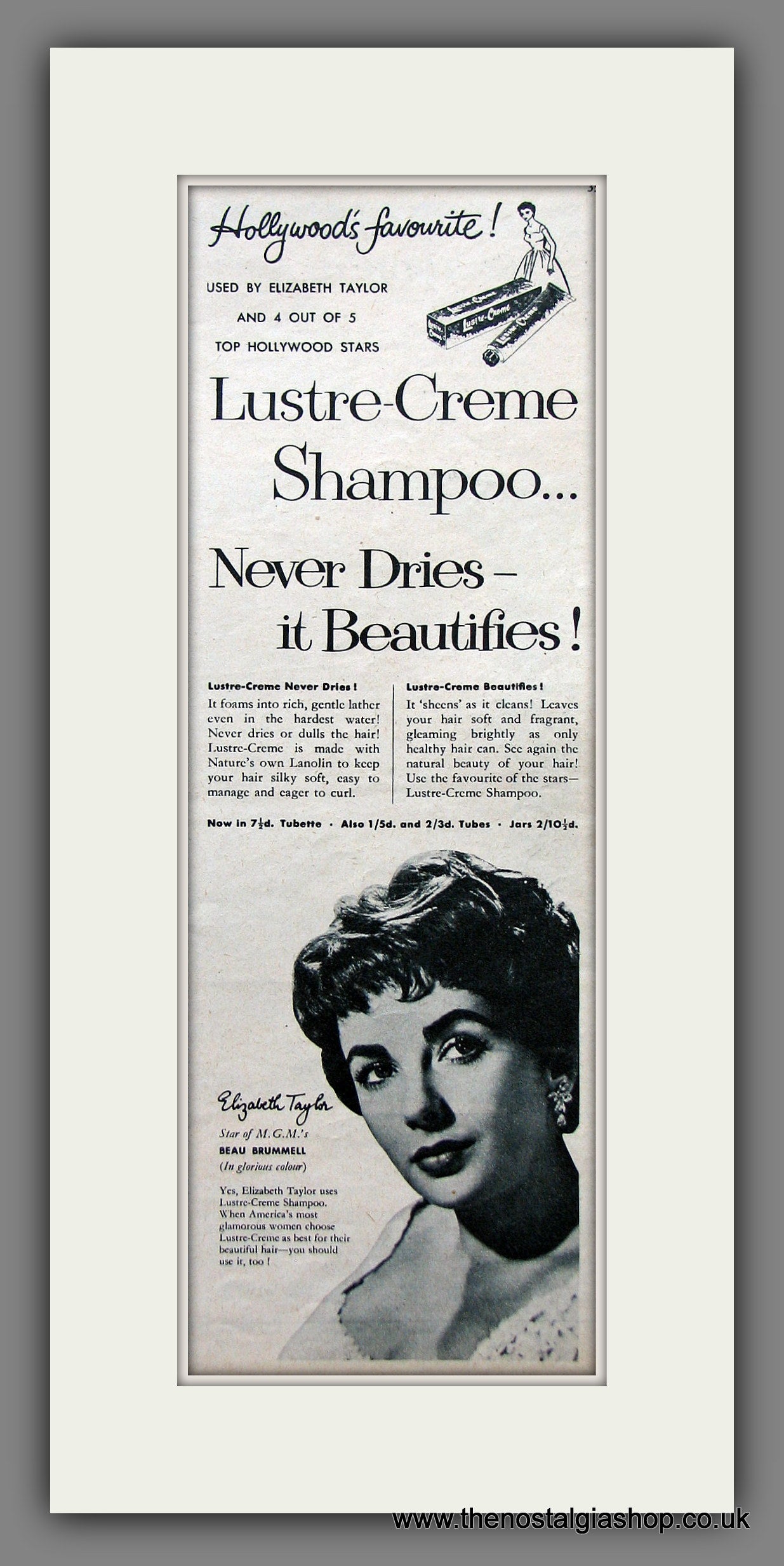 Lustre-Creme Shampoo. Featuring Elizabeth Taylor. Original Advert 1954 (ref AD55451)