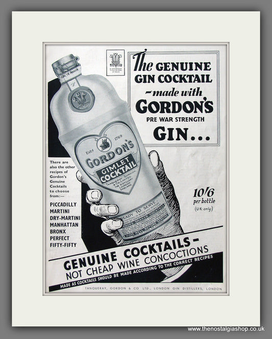 Gordon's Gin. Gimlet Cocktail. Original Advert 1935 (ref AD55556)