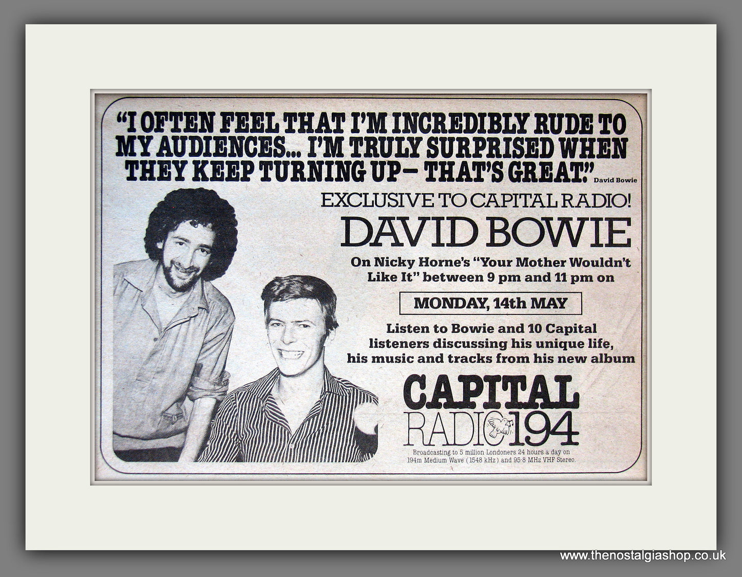 David Bowie. at Capital Radio. Vintage Advert 1979 (ref AD55670)