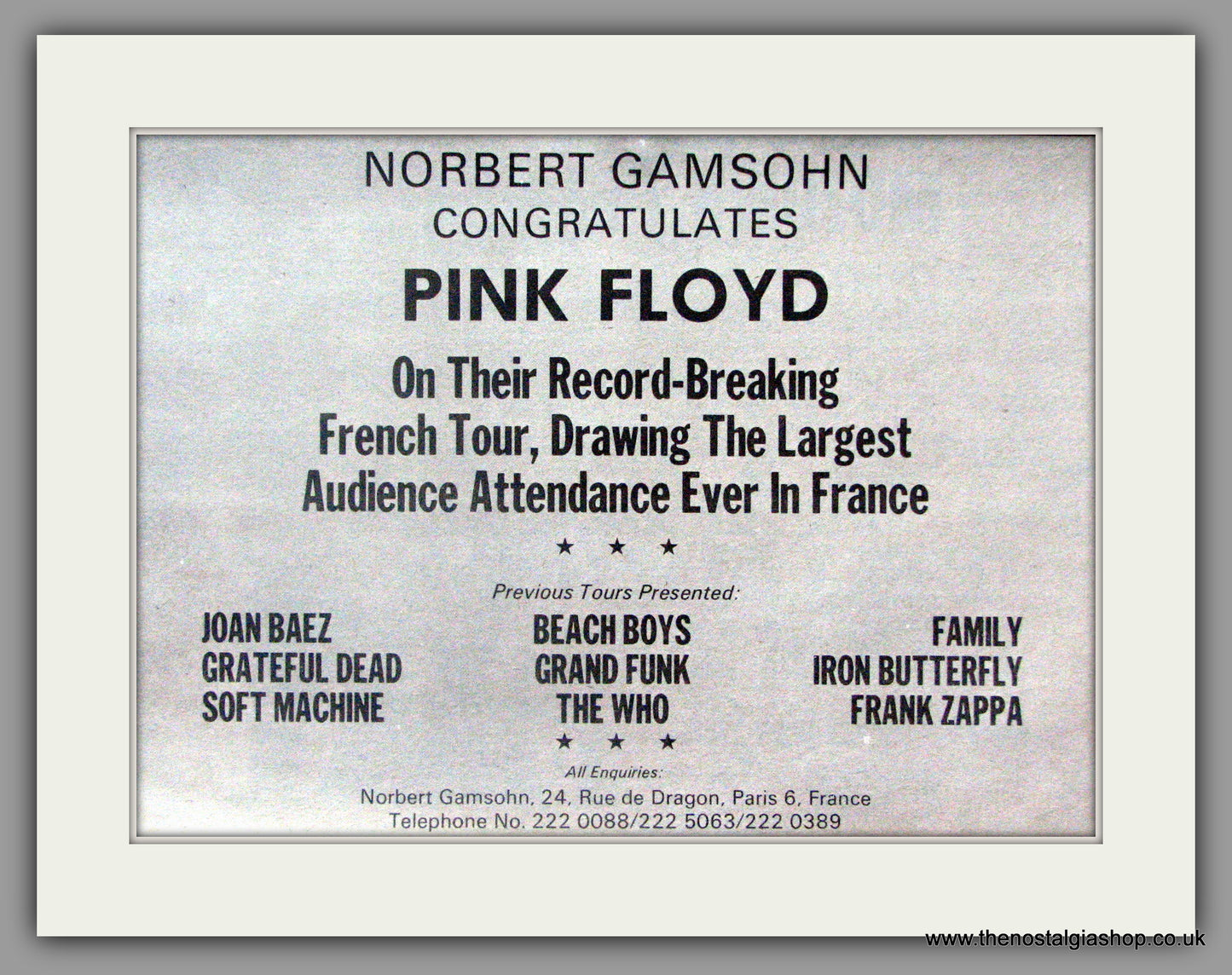 Pink Floyd. France Tour Congratulations. 1973 Original Advert (ref AD50525)