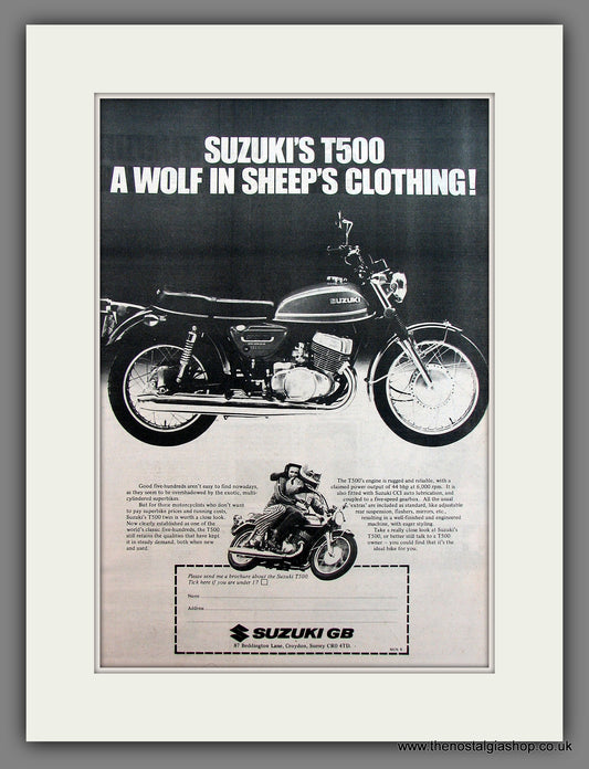 Suzuki T500 Motorcycle. Original Advert 1975 (ref AD12922)