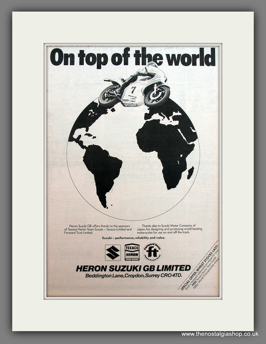 Suzuki Motorcycles. On Top Of The World. Barry Sheene. Original Advert 1976 (ref AD12930)