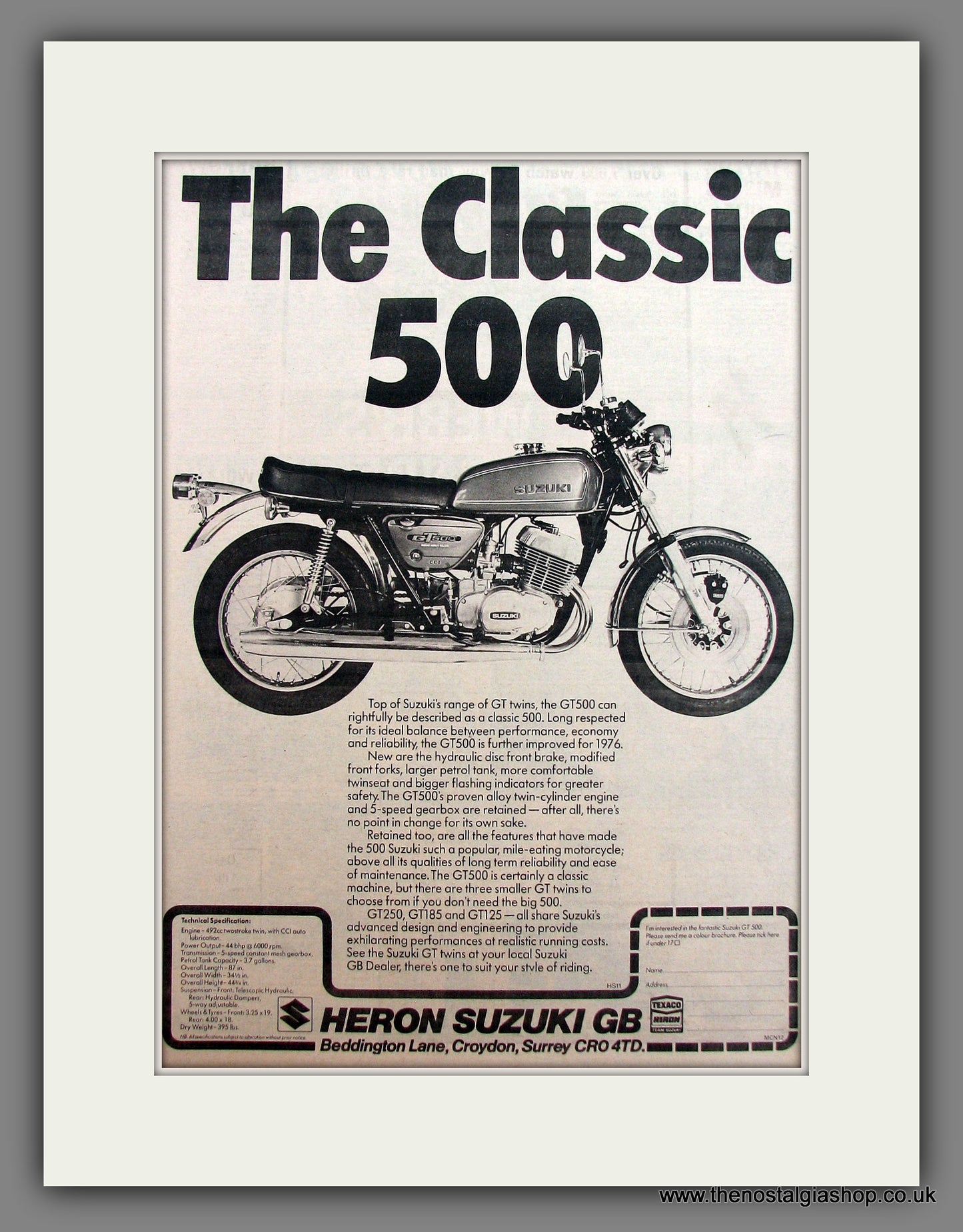 Suzuki GT500 Motorcycle. Original Advert 1976 (ref AD12937)