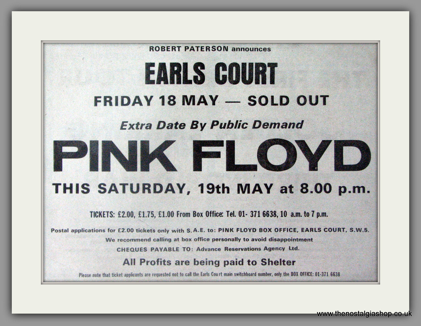 Pink Floyd. Live Show Earls Court 19th May 1973. Vintage Advert (ref AD50448)