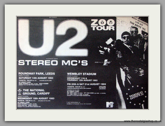 U2 with Stereo Mc's Zoo Tour Dates. Vintage Advert 1993 (ref AD50460)