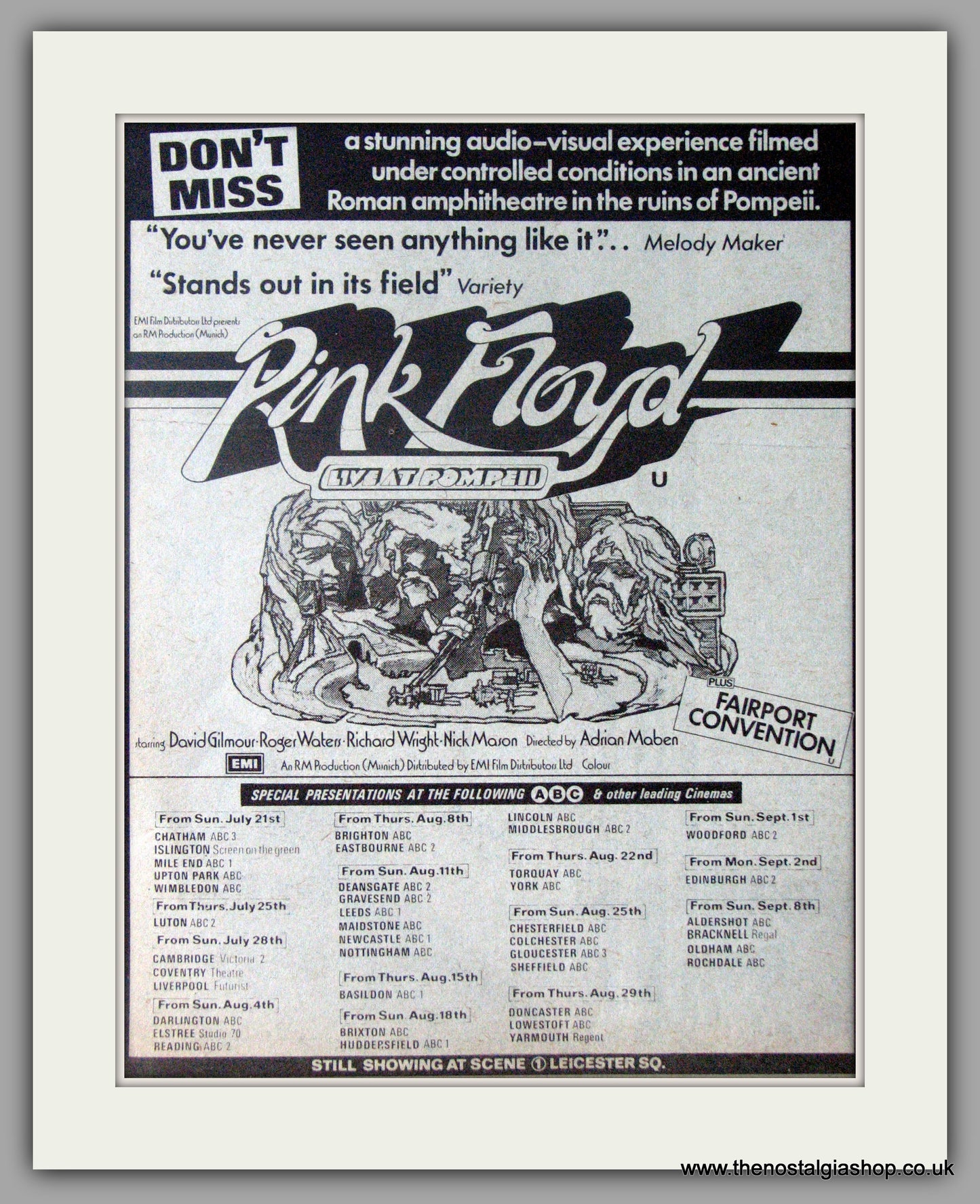 Pink Floyd. Live at Pompeii. Vintage Advert 1974 (ref AD50467)