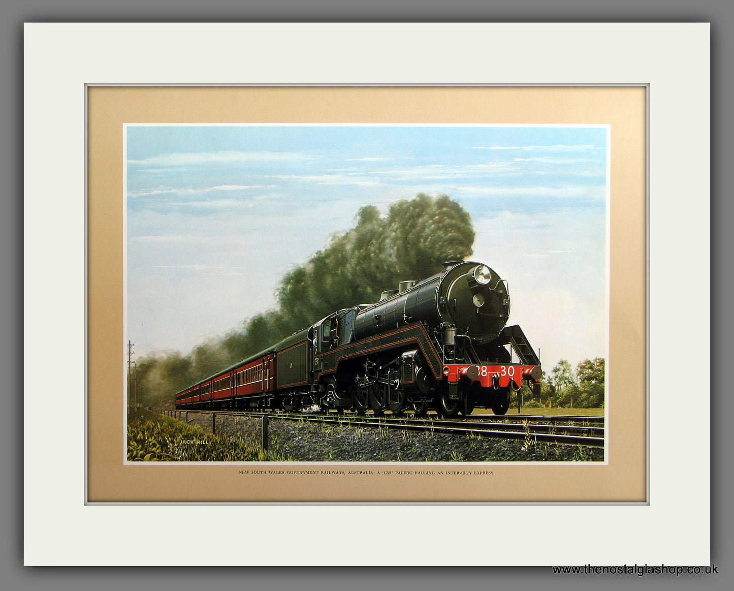 NSW Government Rlys, Australia. C38 Pacific. Mounted Railway Print.