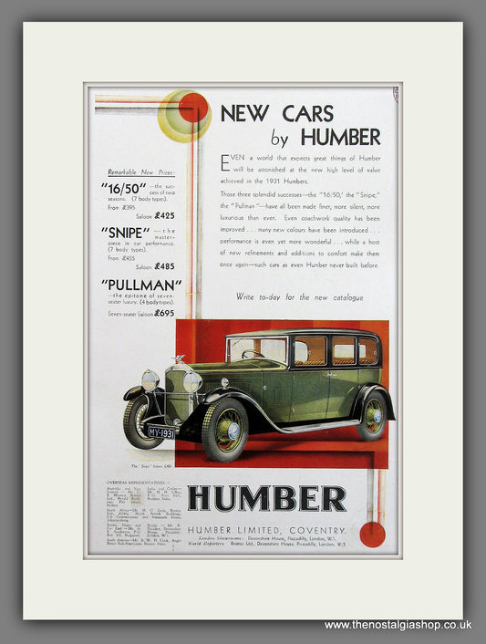 Humber 16/50, Snipe, Pullman. Original Advert 1930 (ref AD300014)