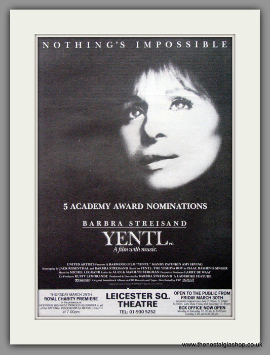 Yentl Barbra Streisand. Original Advert 1984 (ref AD52319)