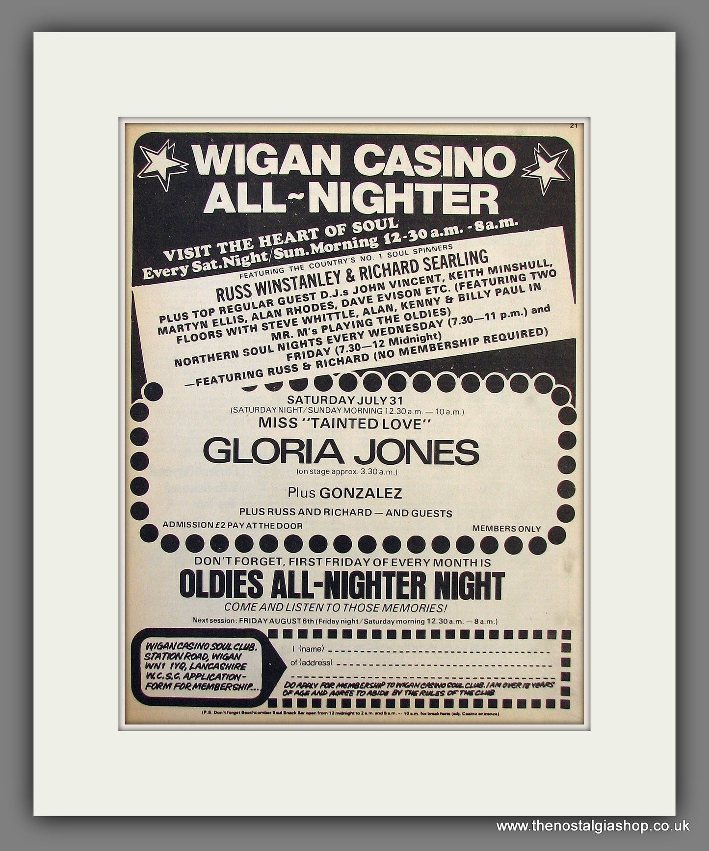 Wigan Casino All Nighter. Soul Club. 1976 Original Advert (ref AD55965)