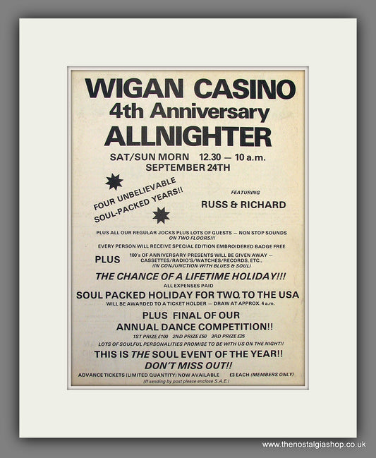 Wigan Casino All Nighter. Soul Club. 4th Anniversary. 1977 Original Advert (ref AD55967)