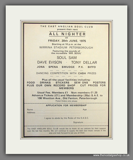 East Anglian Soul Club. 1975 Original Advert (ref AD55972)