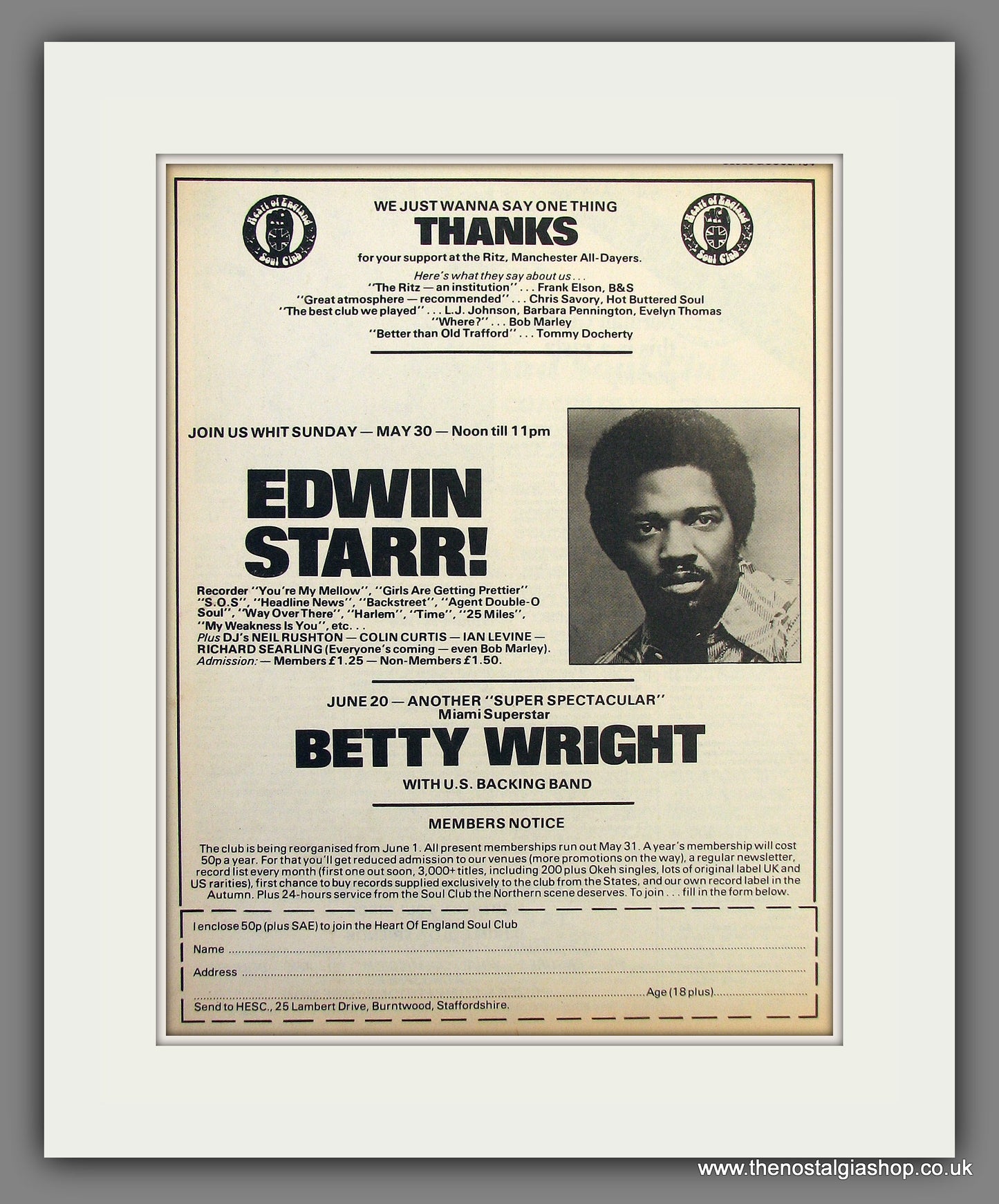 Edwin Starr live At The Ritz, Manchester. Soul Club. 1976 Original Advert (ref AD55974)