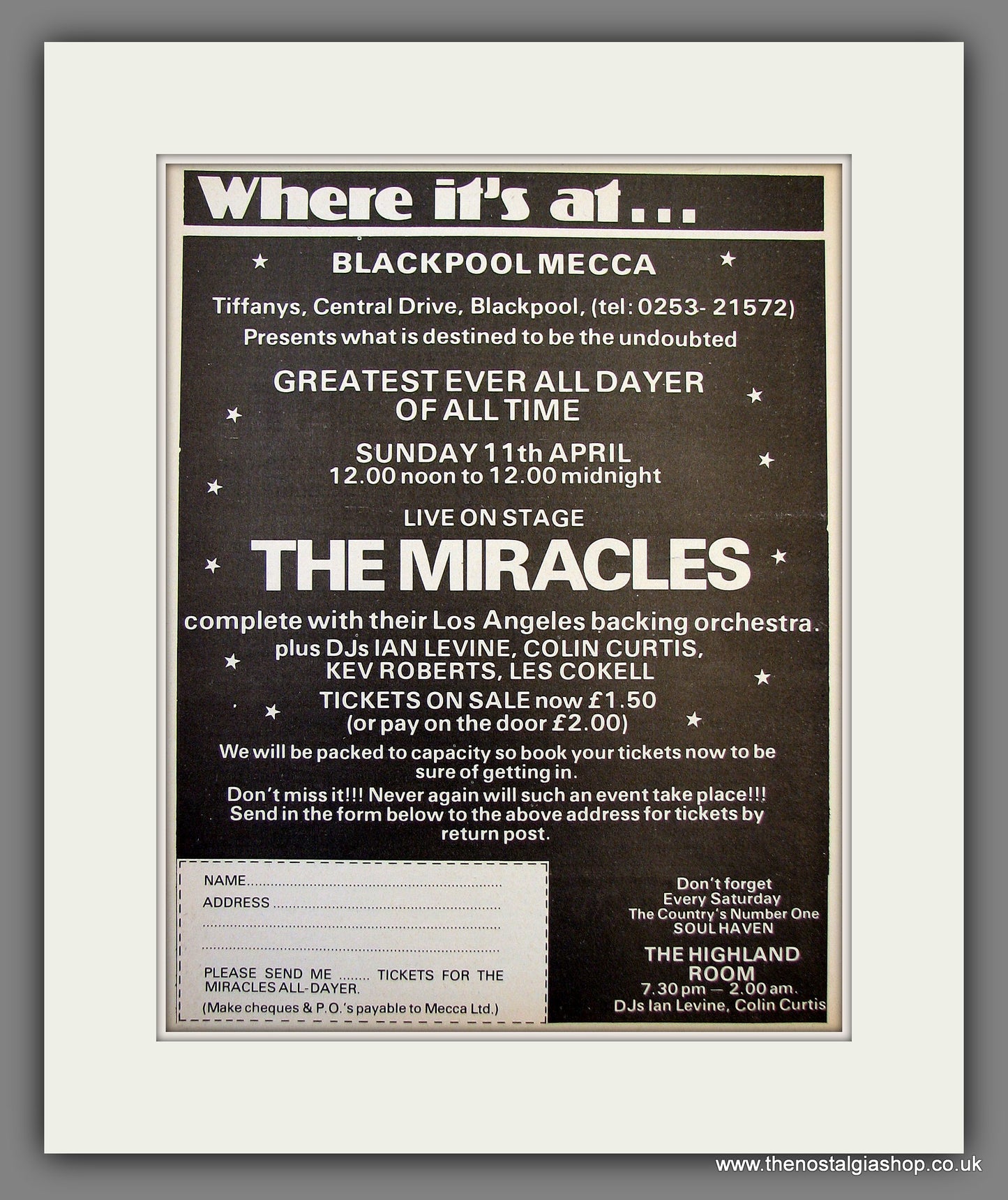 Blackpool Mecca Soul Club. The Miracles. 1976 Original Advert (ref AD55976)