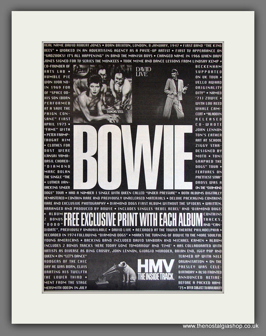 David Bowie Diamond Dogs. Original Advert 1990 (ref AD13769)