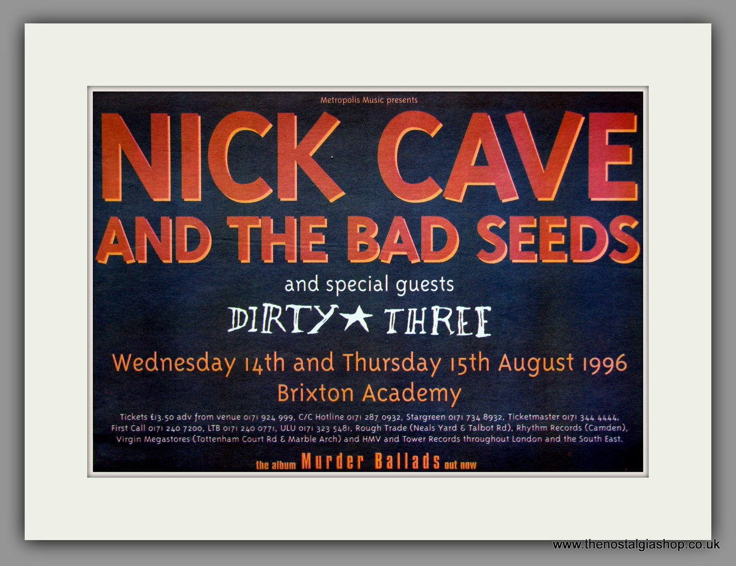 Nick Cave And The Bad Seeds. Brixton Academy. 1996 Original Advert (ref AD51302)