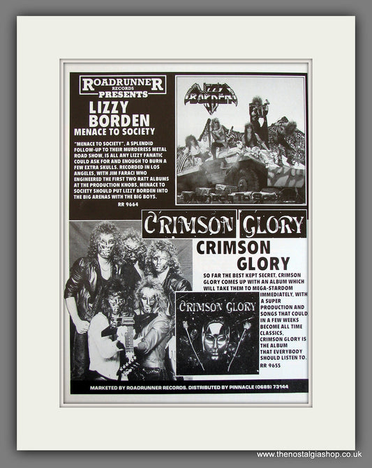 Lizzy Borden Menace To Society & Crimson Glory. Original Vintage Advert 1986 (ref AD56198)