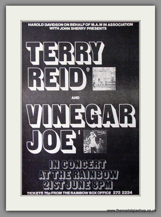 Terry Reid and Vinegar Joe at the Rainbow. Original Advert 1973 (ref AD11302)