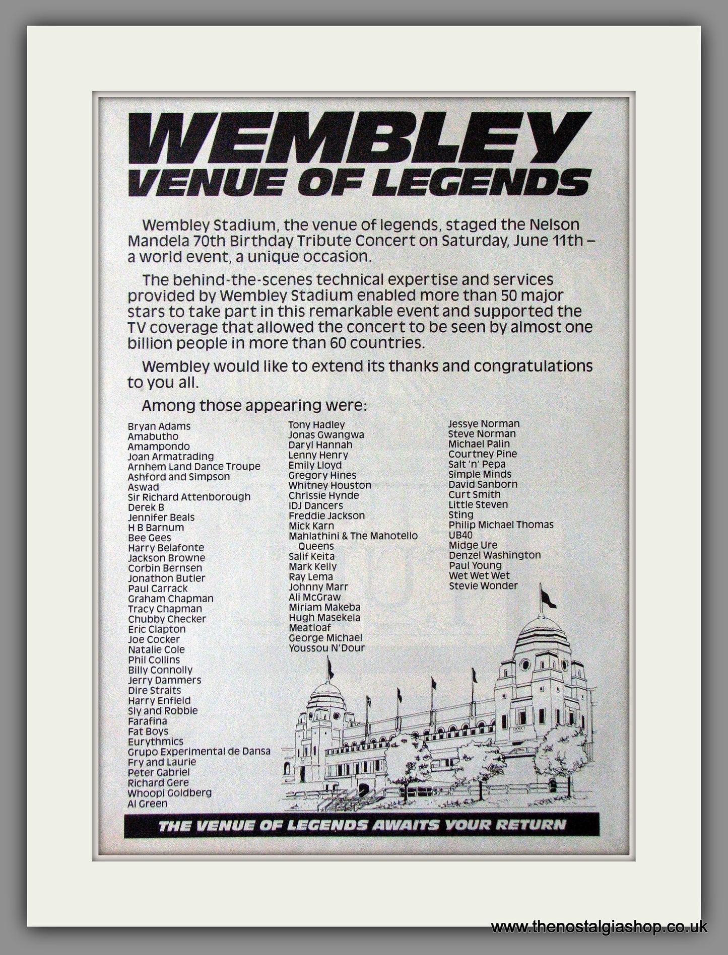 Wembley Stadium, Venue Of Legends. Vintage Advert 1988 (ref AD11322)