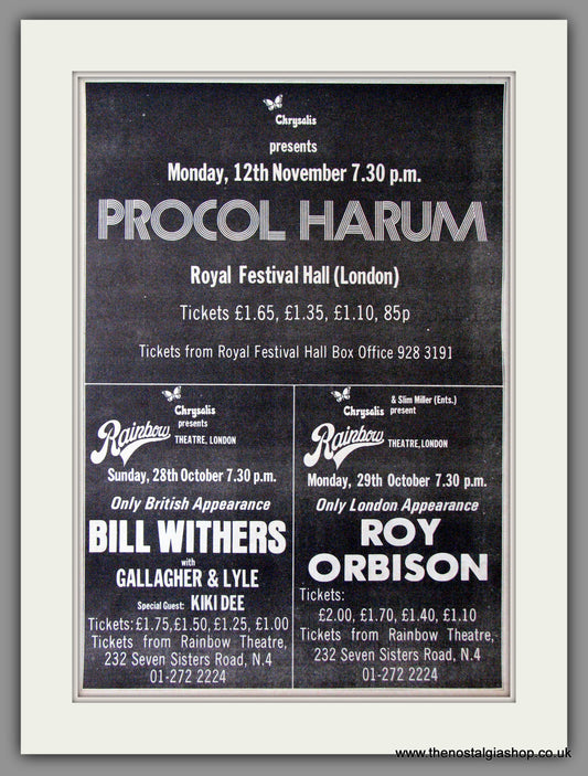 Procol Harum, Royal Festival Hall. Chrysalis Promotions Vintage Advert 1973 (ref AD11349)