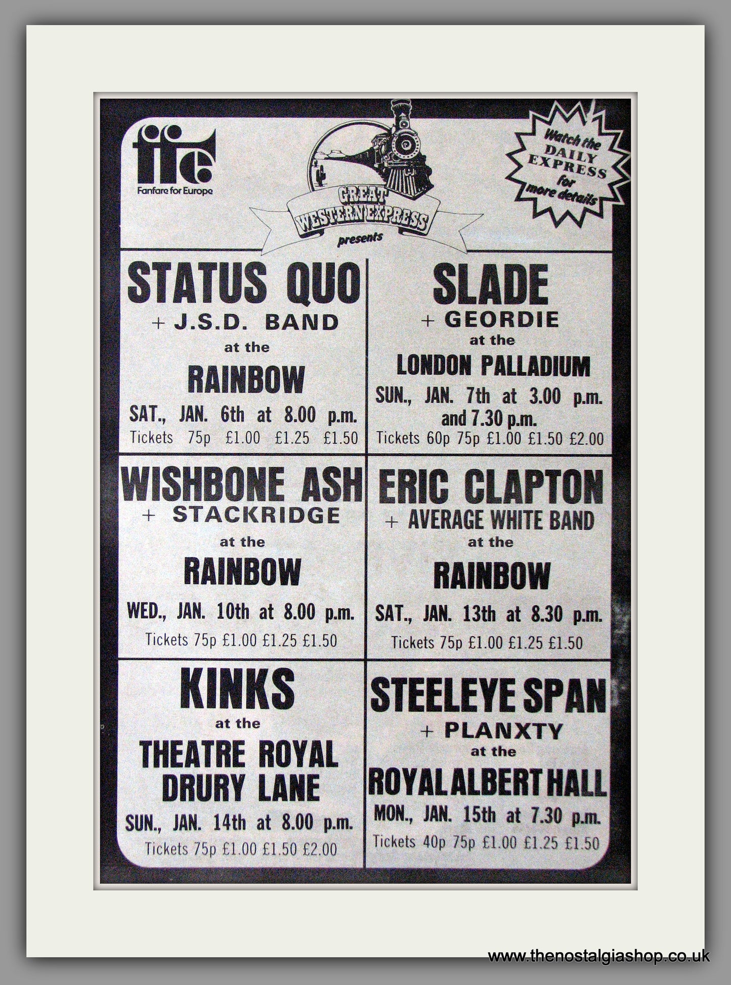 Great Western Express Promotions Presents Status Quo Vintage Advert 1973 (ref AD11350)