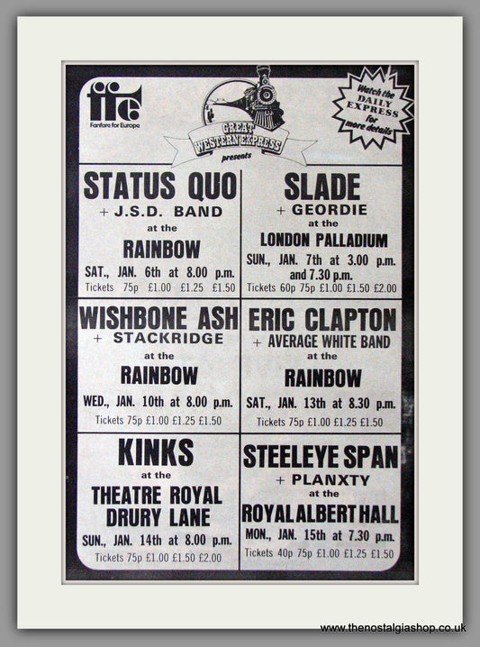 Great Western Express Promotions Presents Status Quo Vintage Advert 1973 (ref AD11350)