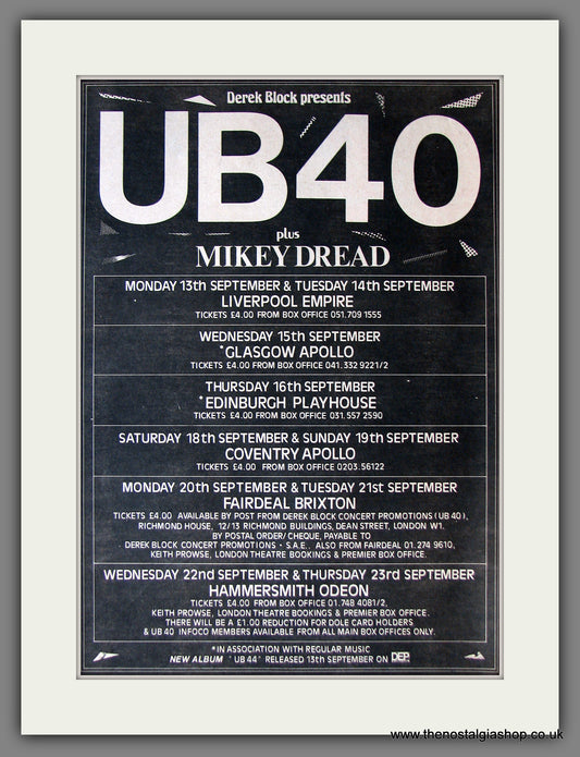 UB40 with Mikey Dread. UK Tour. Original Advert 1982 (ref AD13867)