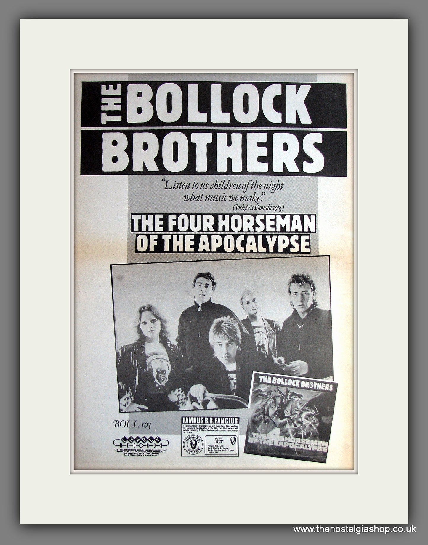 Bollock Brothers (The) The Four Horsman Of The Apocalypse. Vintage Advert 1985 (ref AD14102)