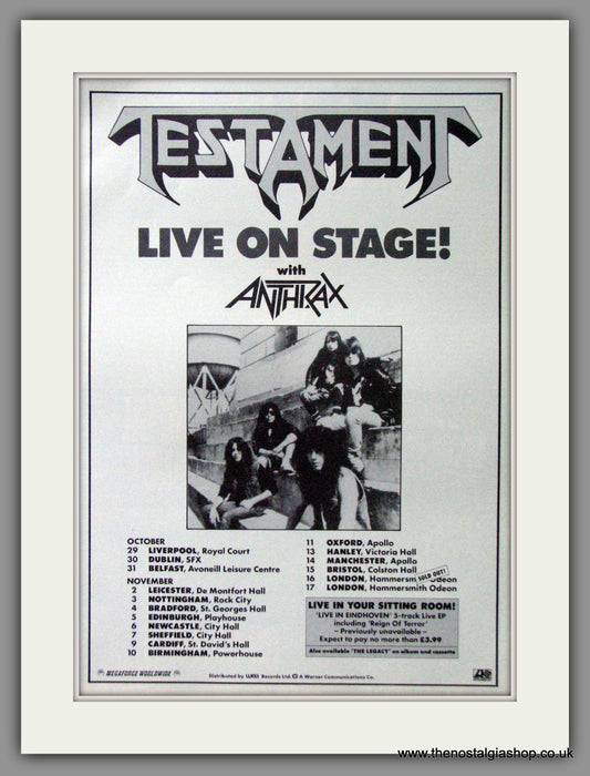 Testament Live On Stage With Anthrax, Tour Dates. 1987 Original Advert (ref AD53090)