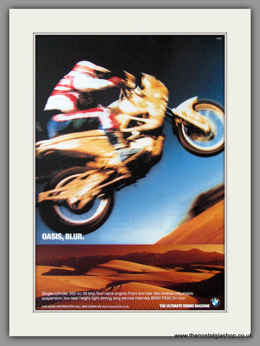 BMW F650 Motorcycle on Tour. Oasis, Blur. 1996 Original Advert (ref AD51546)
