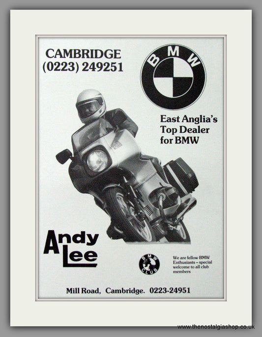 BMW Motorcycle Dealers. Andy Lee, Cambridge. 1983 Print (ref AD51574)
