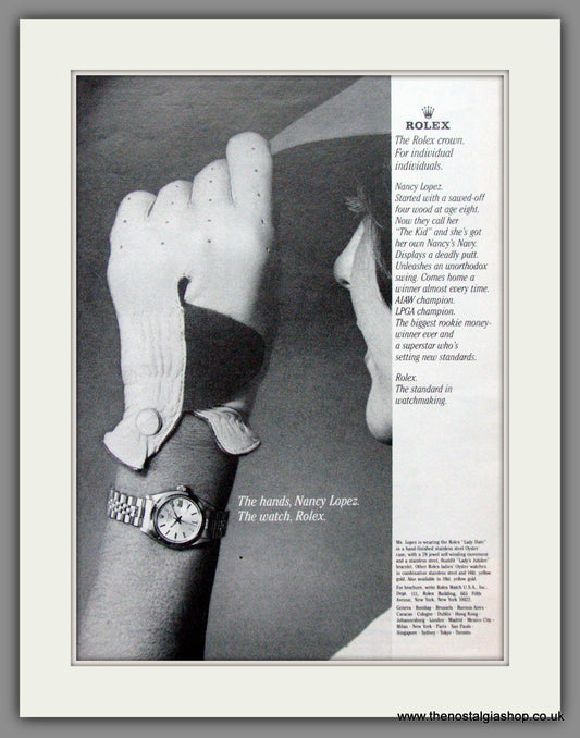 Rolex Lady Date worn by Nancy Lopez Golfer. Original Advert 1979 (ref AD51850)