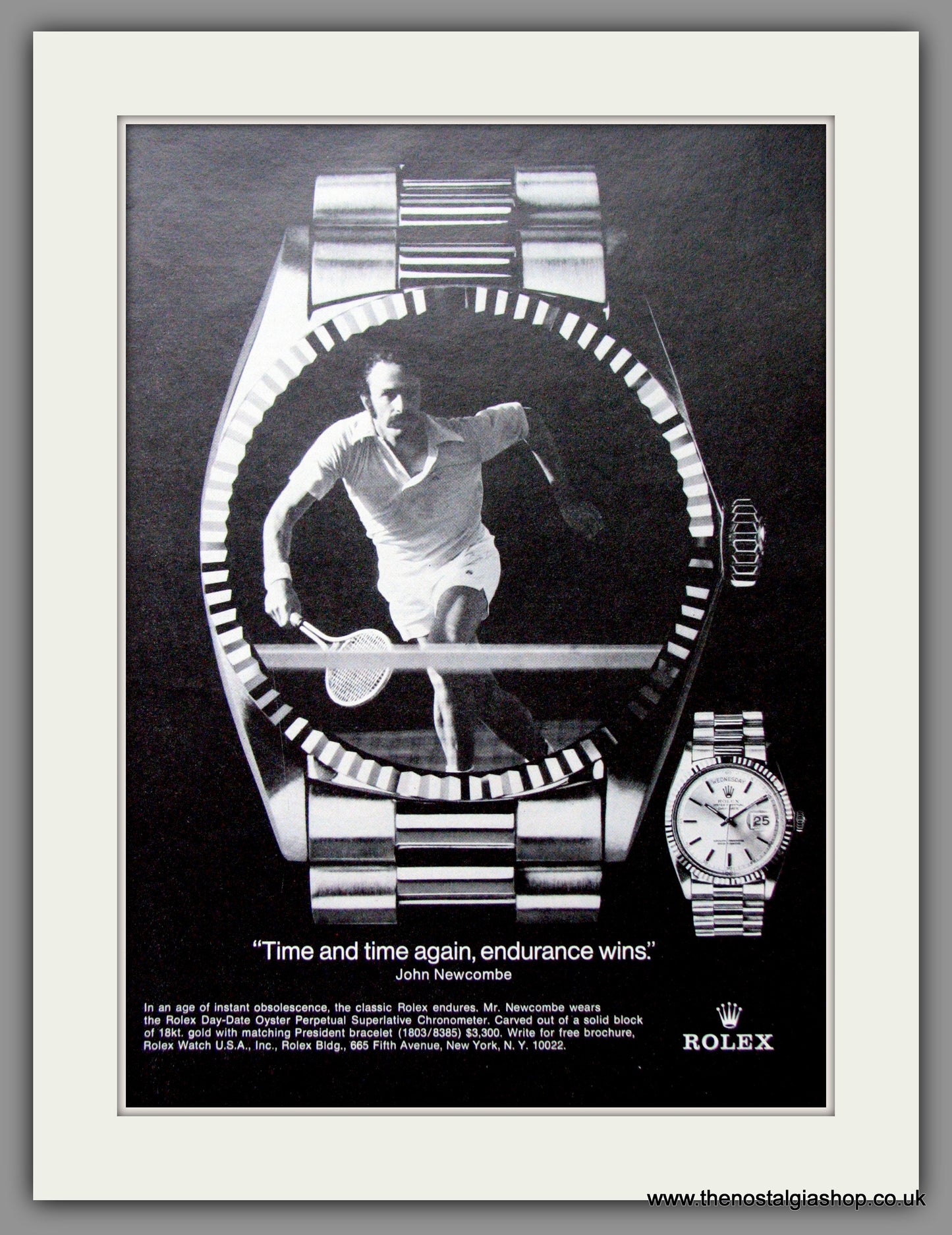 Rolex Day-Date Oyster Perpetual worn by John Newcombe. Original Advert 1975 (ref AD51834)