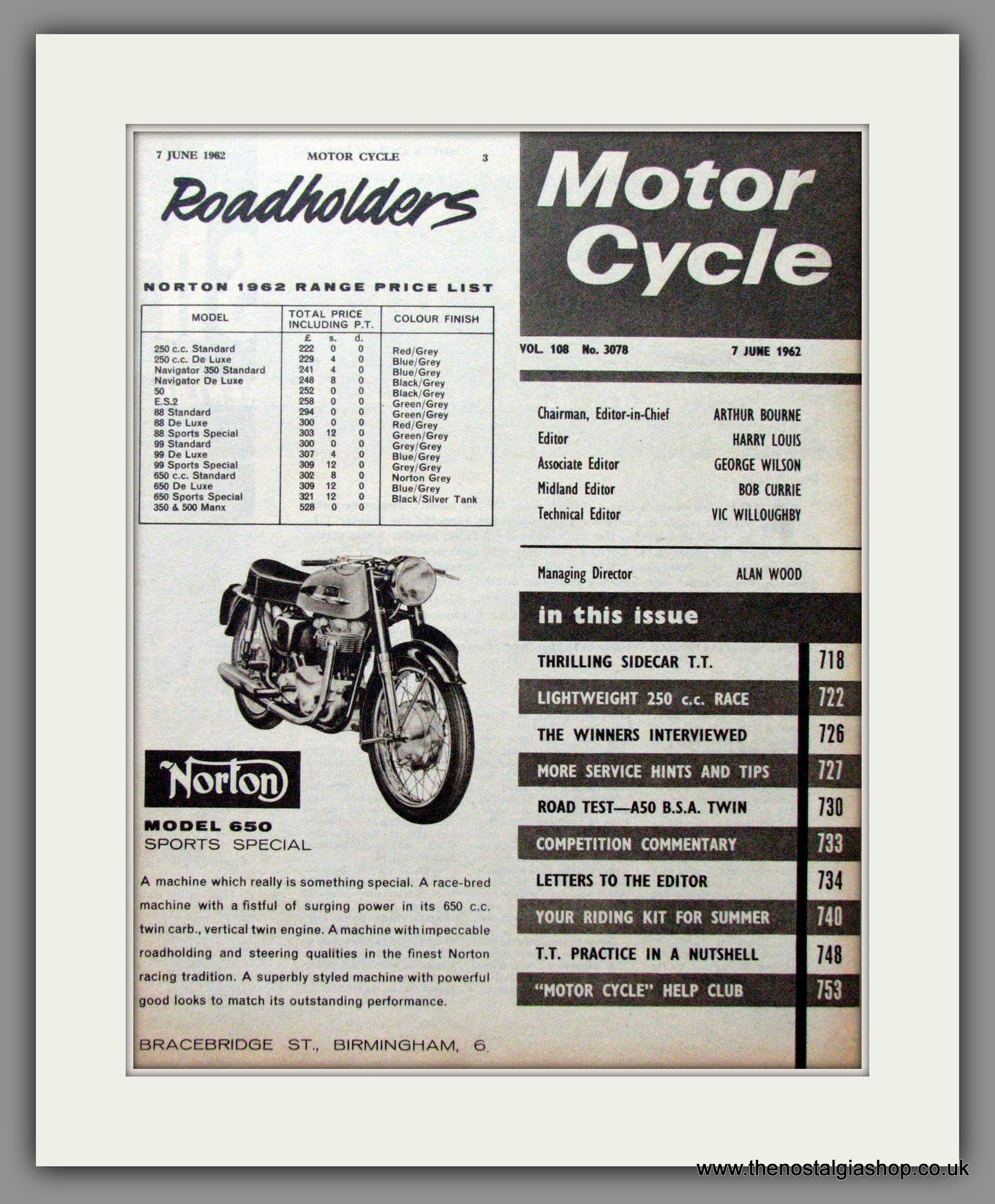 Norton 650 Sports Special. Original Advert 1962  (ref AD51945)