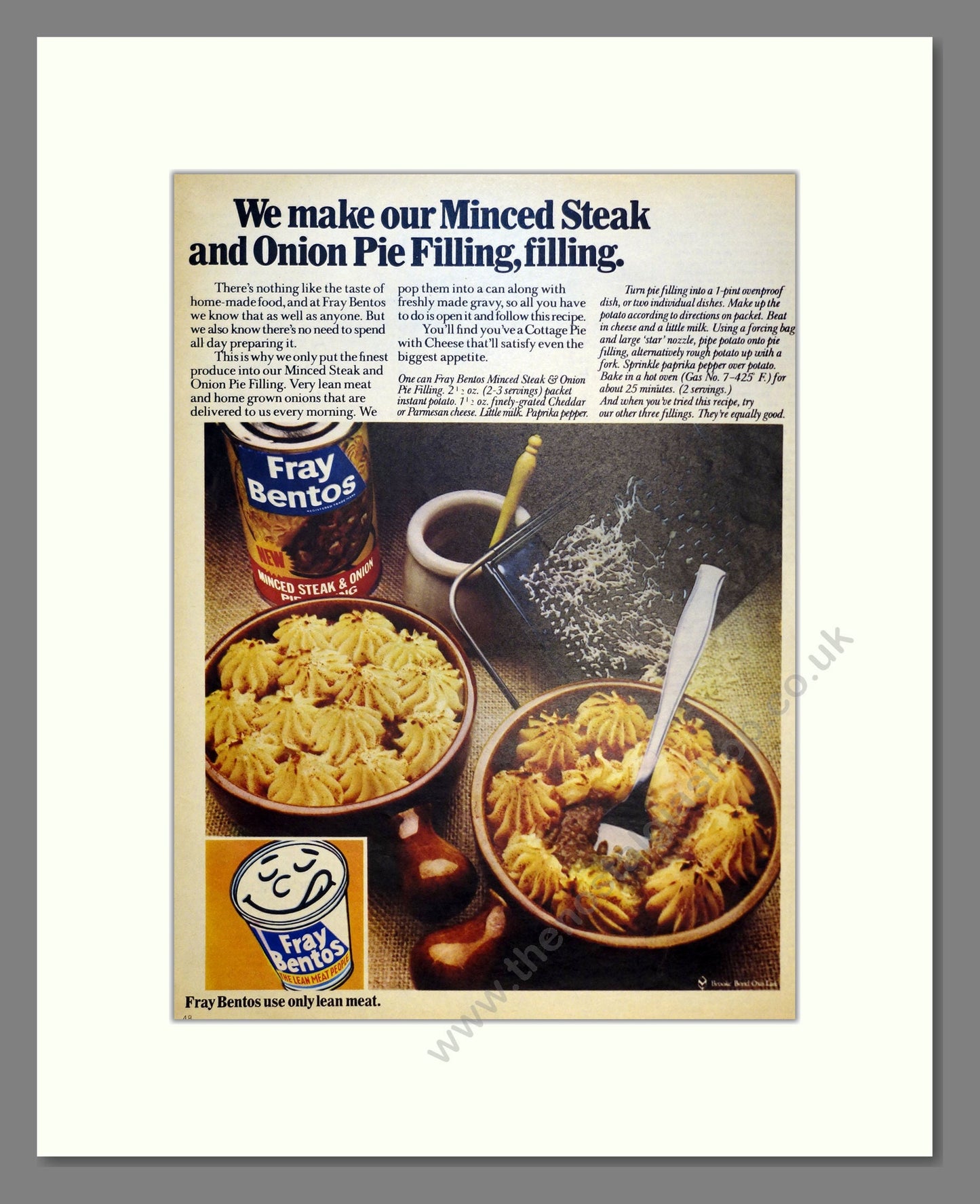 Fray Bentos Pie Filling. Vintage Advert 1972 (ref AD301514)