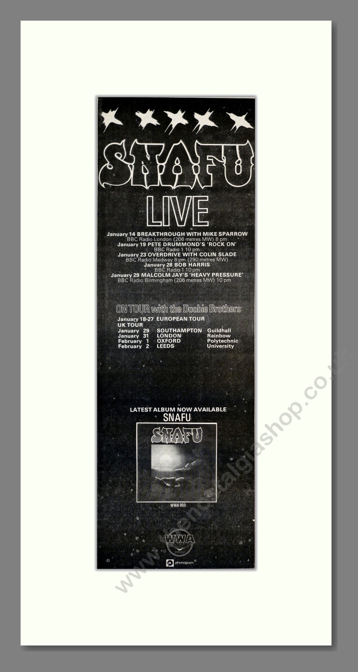 Snafu - Live (UK Tour). Vintage Advert 1974 (ref AD201157)