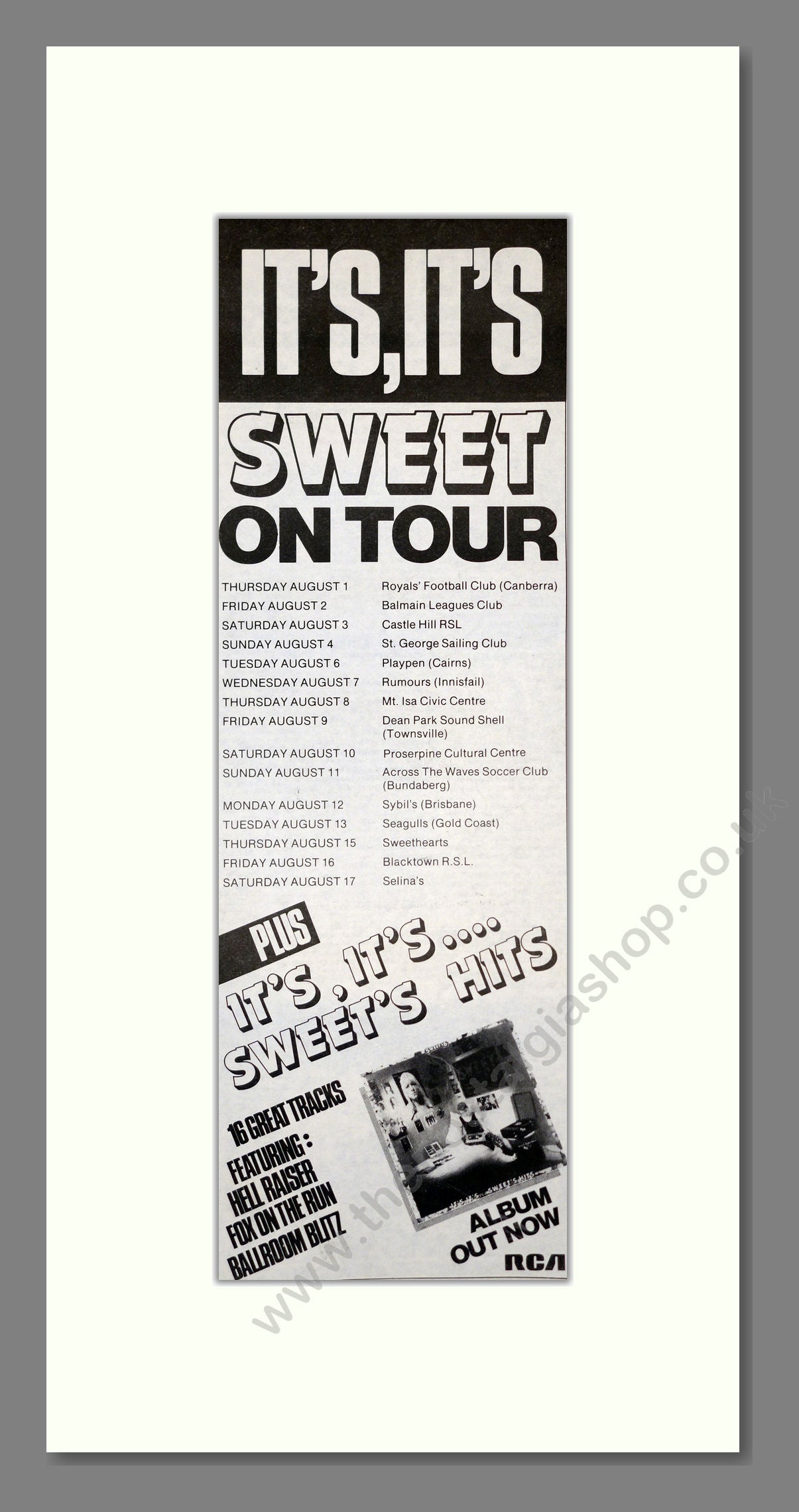 Sweet - Australian Tour and Hits Album. Vintage Advert 1985 (ref AD201204)