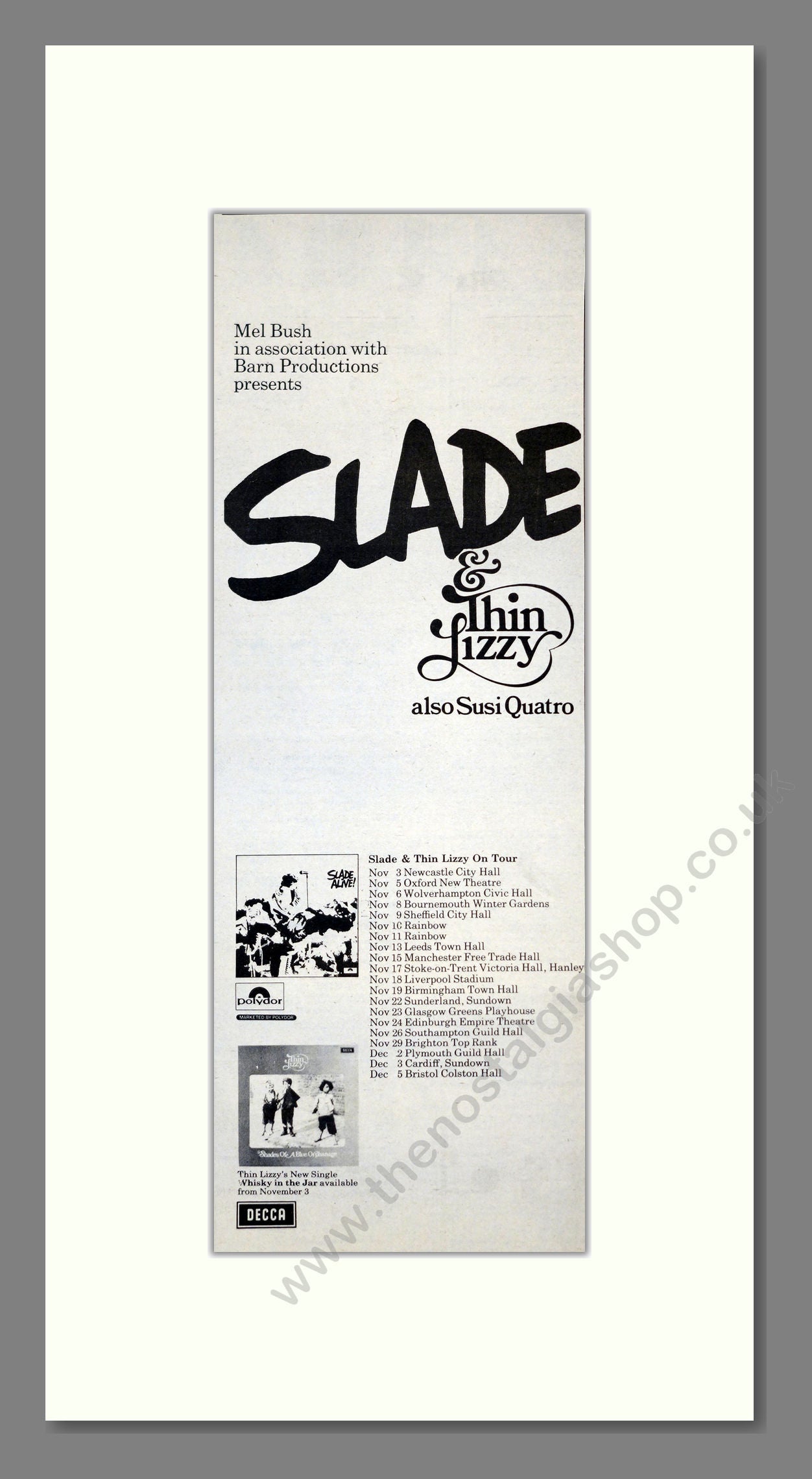 Slade / Thin Lizzy / Susi Quatro - UK Tour. Vintage Advert 1972 (ref AD201208)