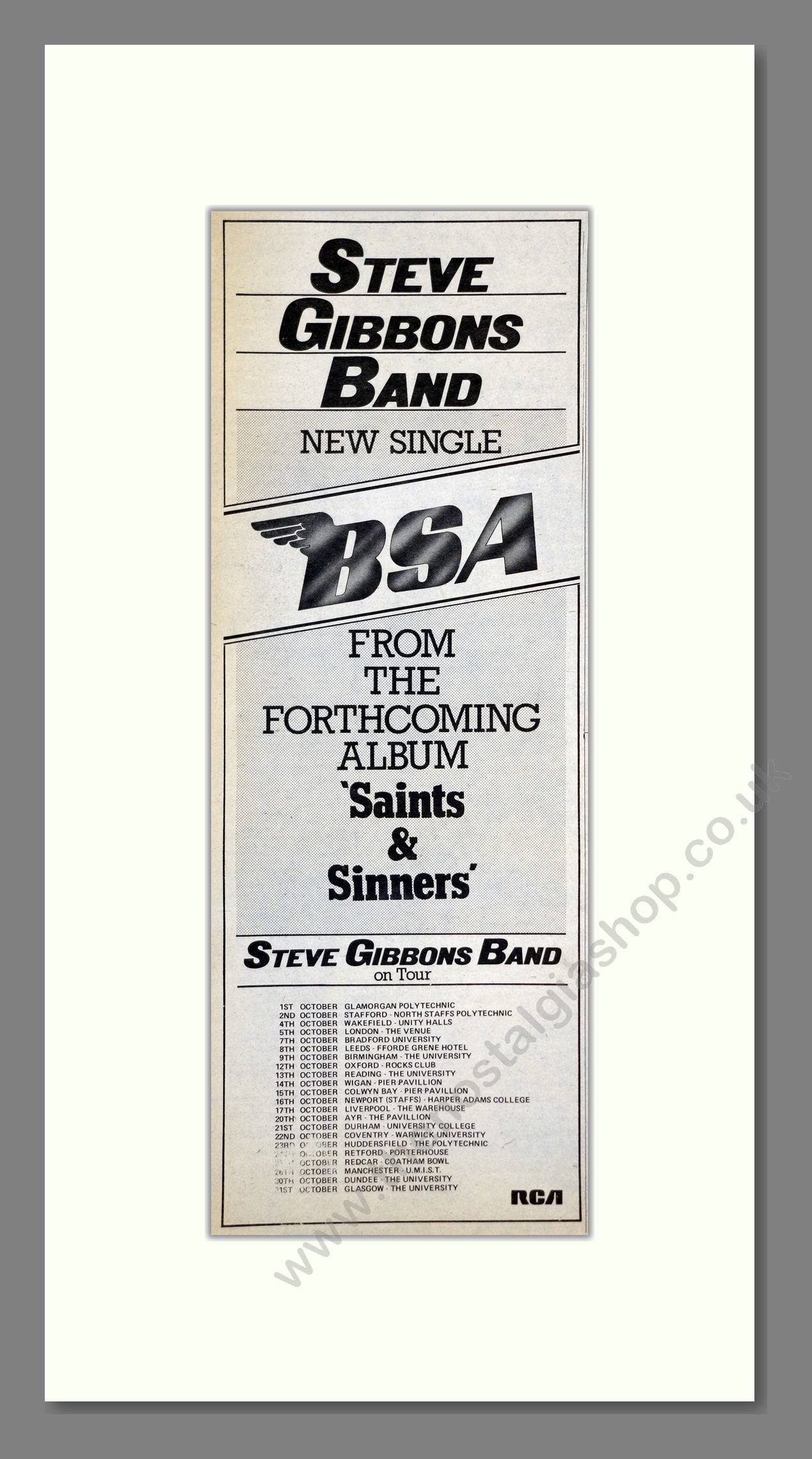 Steve Gibbons Band - BSA (UK Tour). Vintage Advert 1981 (ref AD201269)