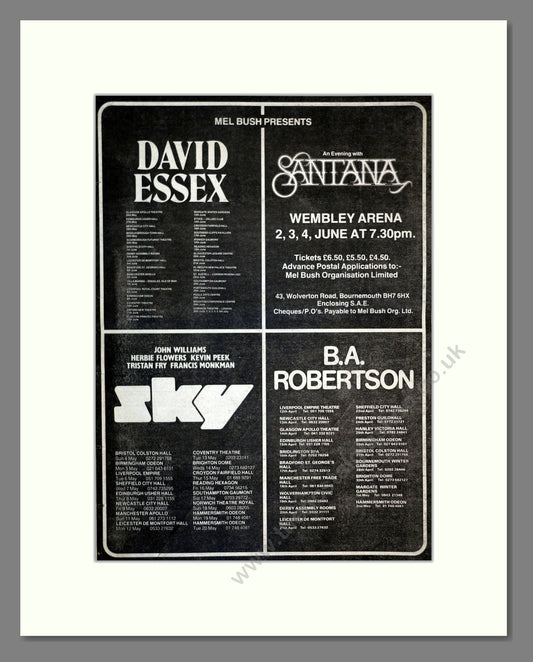 David Essex / Santana / SKY / BA Robertson - UK Tours. Vintage Advert 1980 (ref AD17232)