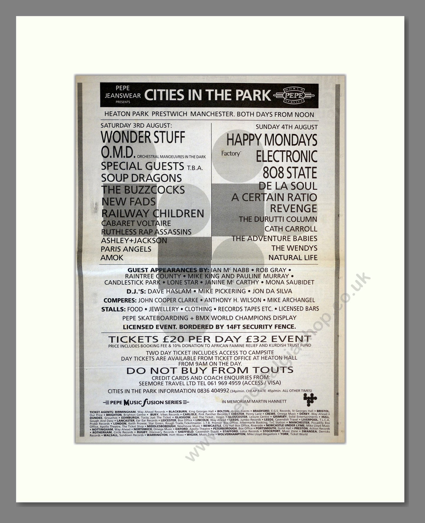 Cities In The Park Festival - Line Up. Vintage Advert 1991 (ref AD17244)