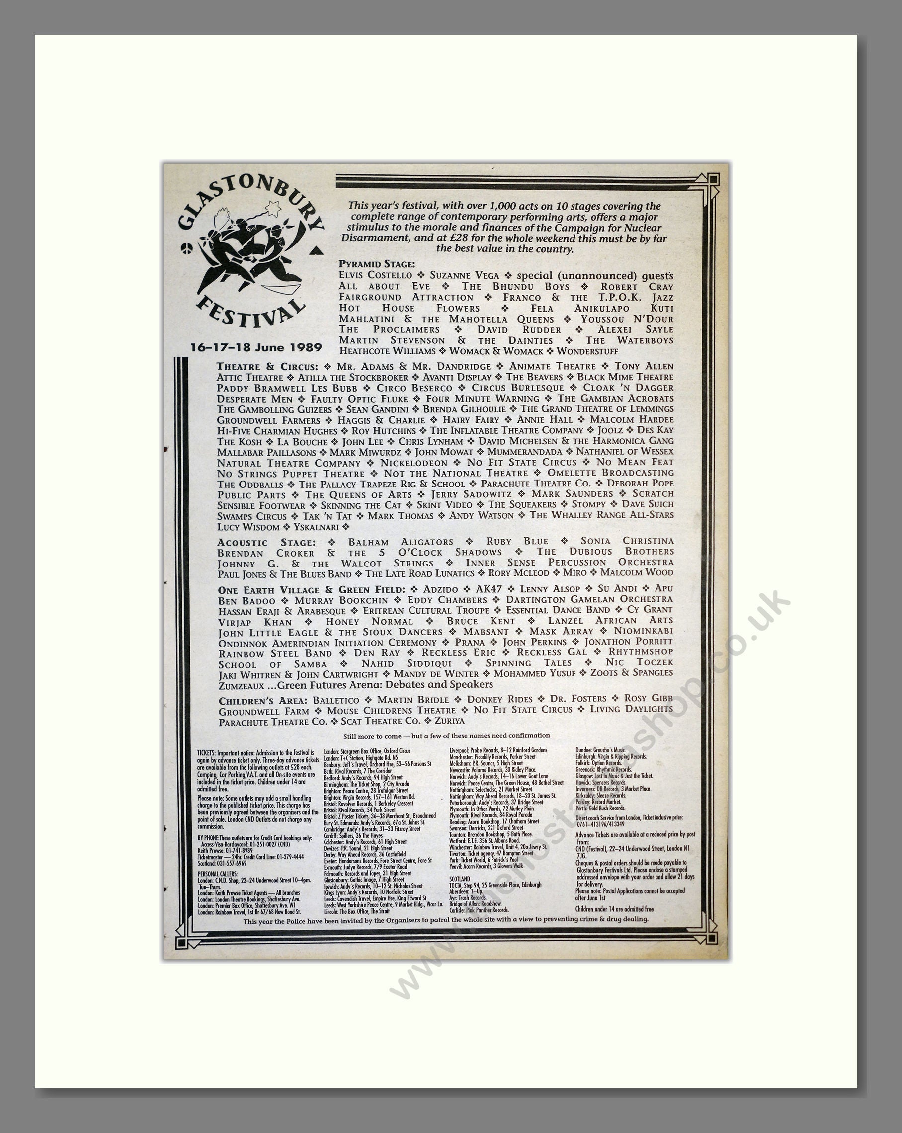 Glastonbury Festival - Line Up. Vintage Advert 1989 (ref AD17252)