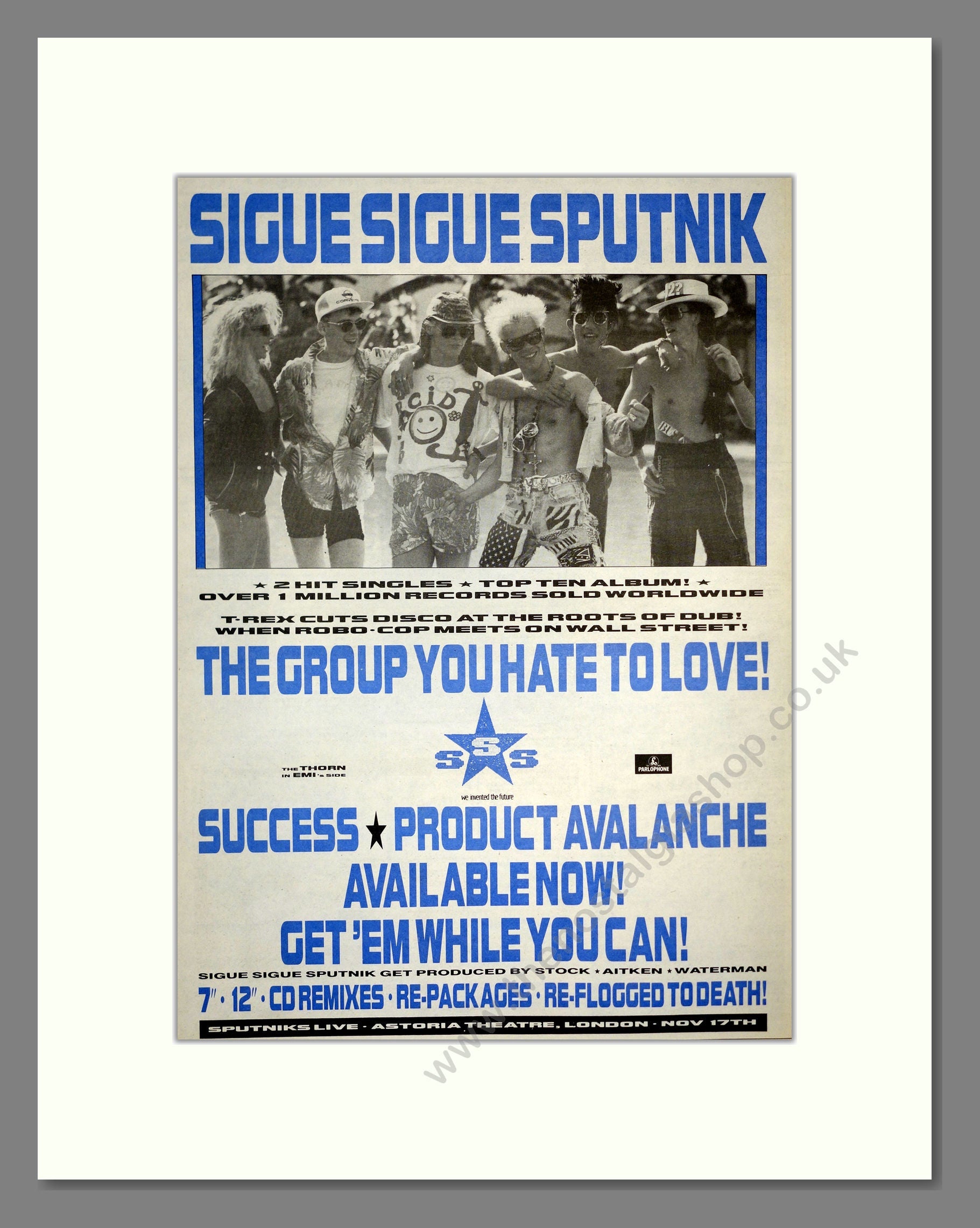 Sigue Sigue Sputnik - Success Product Avalance. Vintage Advert 1988 (ref AD17356)